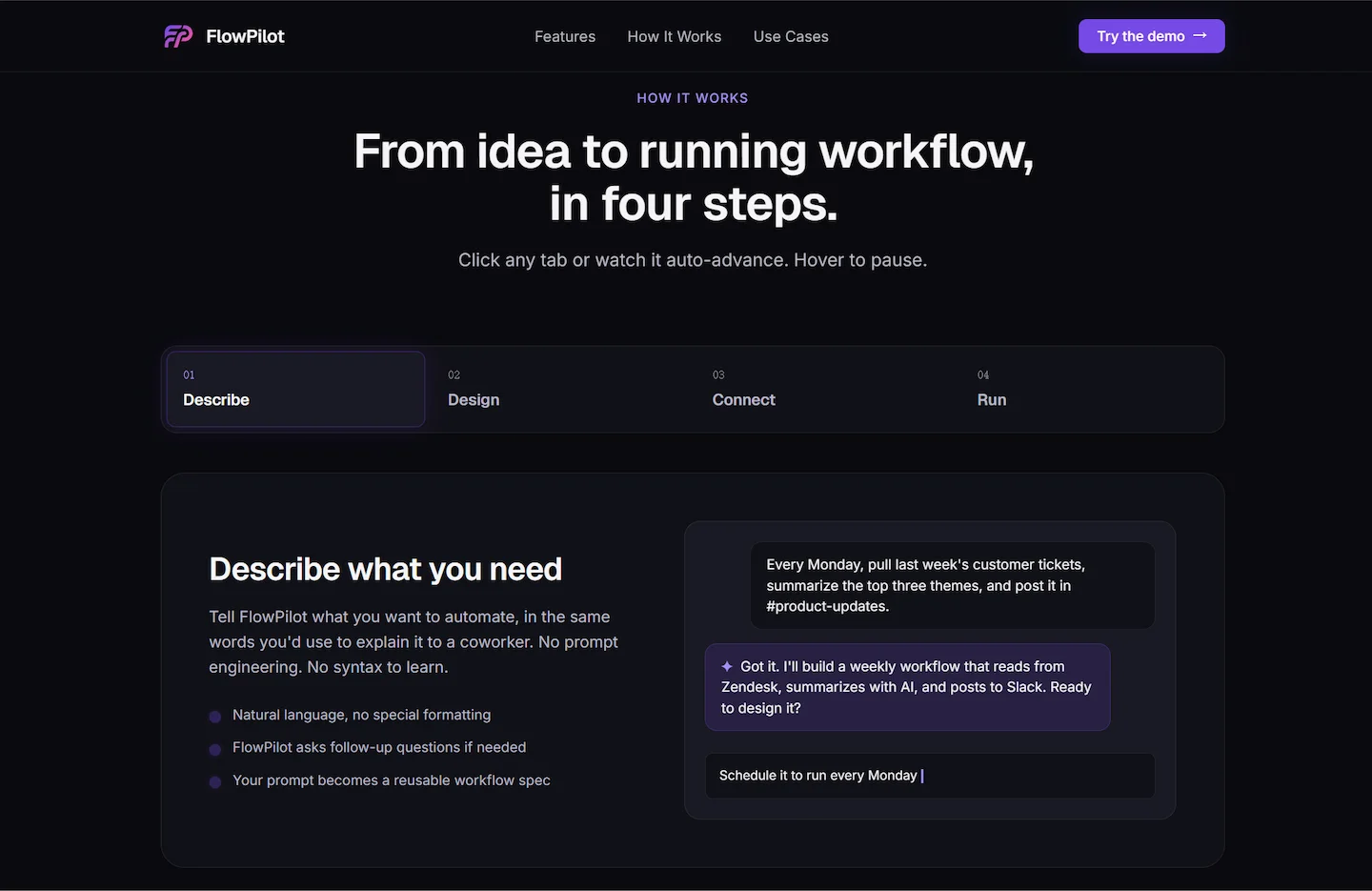 FlowPilot's Describe step — conversational AI builder where the user types a workflow goal in plain language